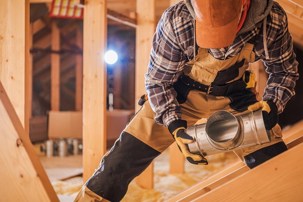 HVAC technician installing ductwork on a job site